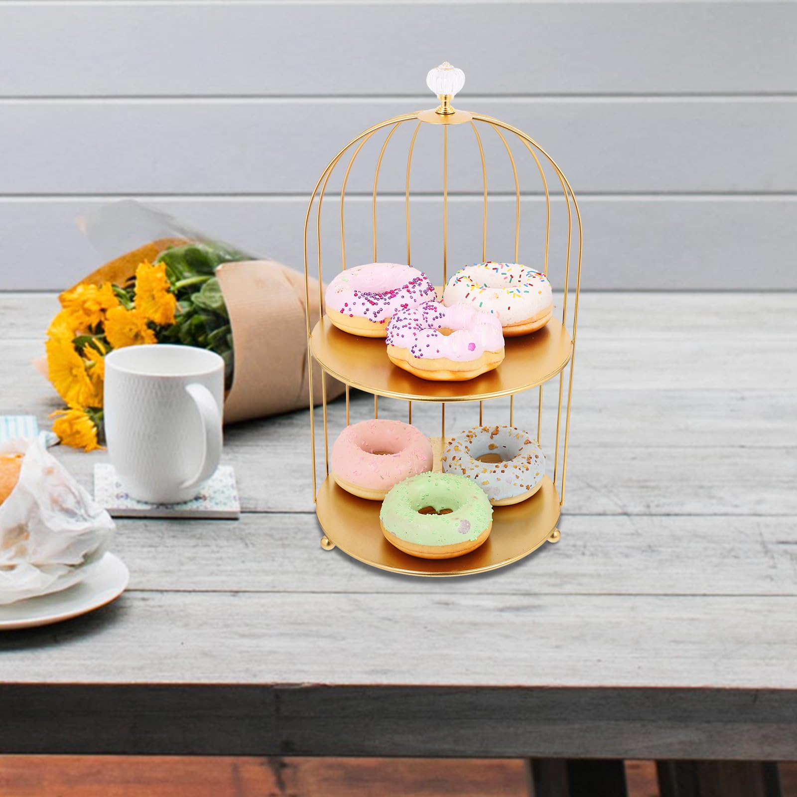 Vintage Vogelkäfig Kuchenständer aus Eisen 2 stöckig Goldfarbener Stabiler und Eleganter Dessertständer für Cupcakes bei Hochzeiten und Events