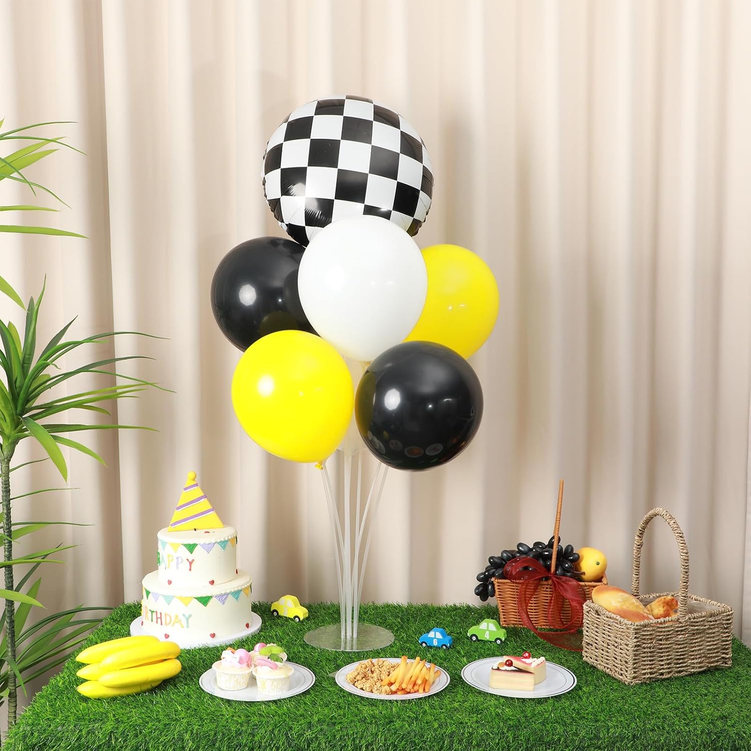 Smile Party Balloons Stand Kit 2 Sets with 2 Black White Checkered Foil Balloons Happy Face Themed Party Balloon Centerpiece for Tables for Baby Birthday Party Yellow Smile Face Themed Decorations