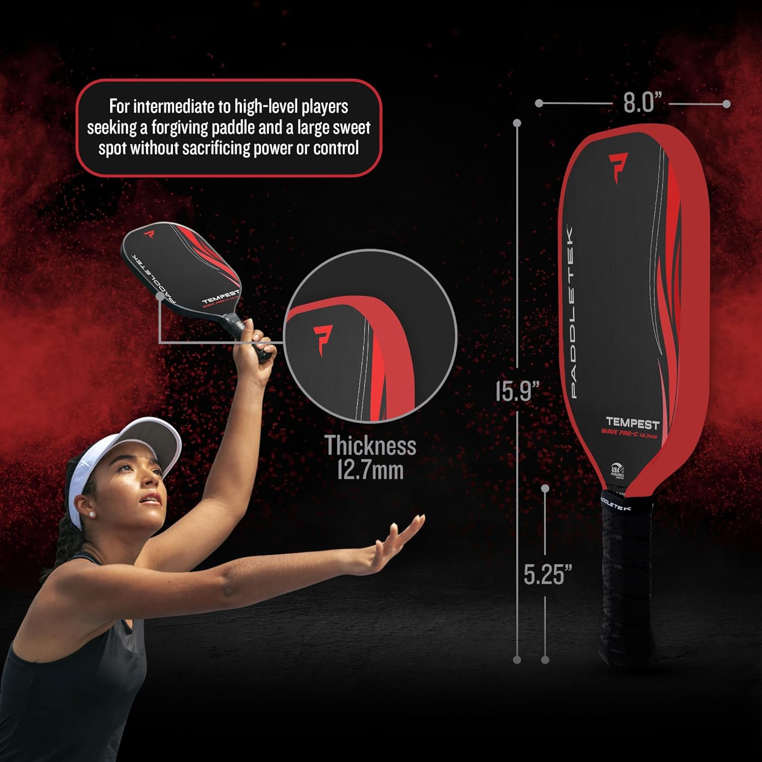 Paddletek Tempest Wave PRO-C 14.3mm - USAPA Approved Pickleball Paddles with Polymer Honeycomb Core - PT-700 Unidirectional Carbon Fiber – Torsional Weighting & High Tack Performance Grip