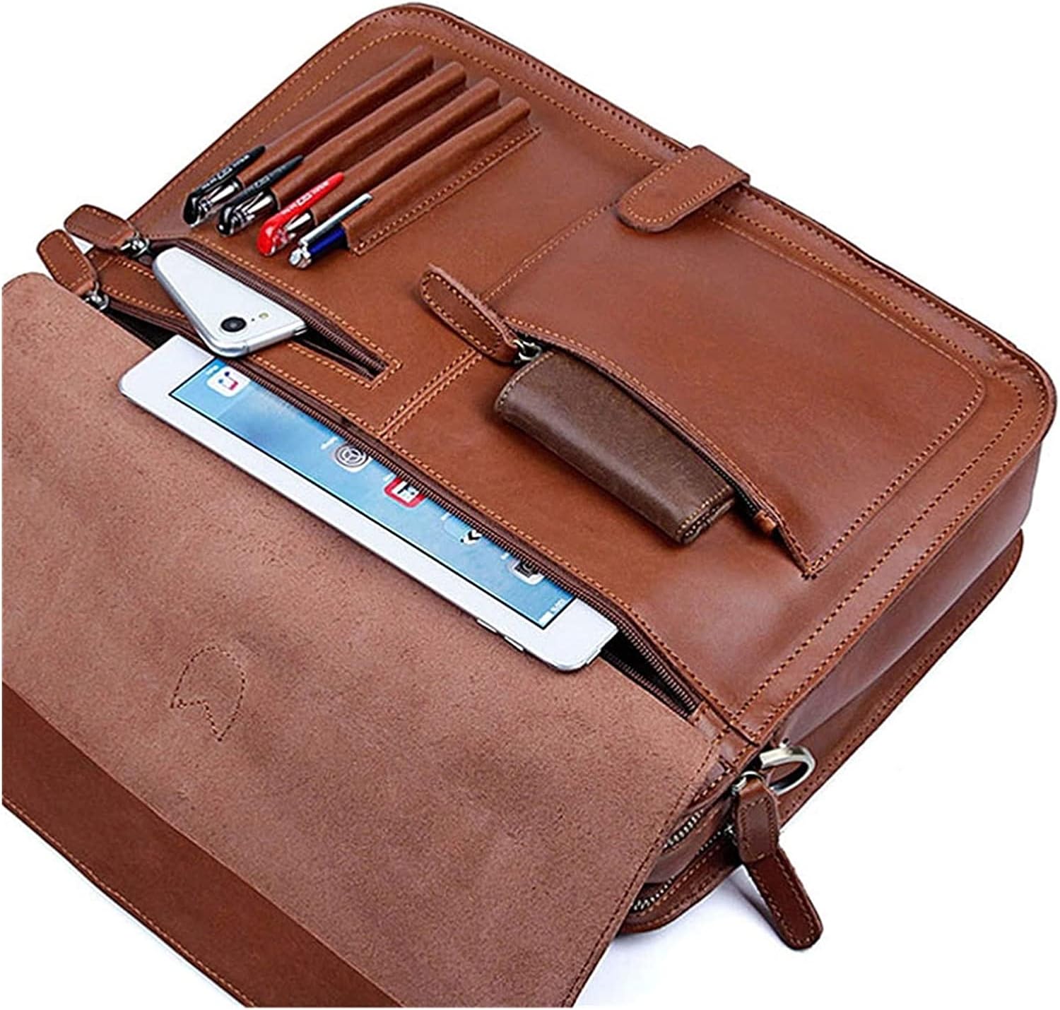 14inch Laptop Portfolio Crossbody Shoulder Bag rk Handbag Leather Messenger Bag(Red Brown)