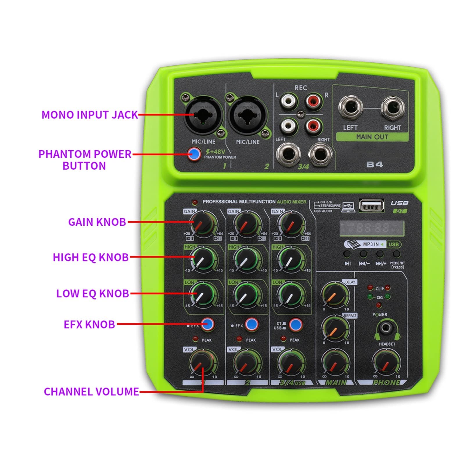 DJ-Equipment für die Party B4/B6 4/6 Channel Mixer Outdoor Conference Audio USB Bluetooth Reverberation Audio Instrument Processor Live Sound Card (Color : Deep Blue)