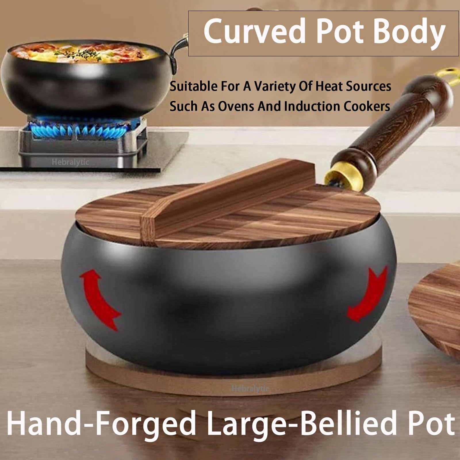 Wok Non Rivestito, A Forma Arrotondata, In Ferro Forgiato A Mano, Antiaderente, Utilizzabile Come Pentola per Stufati O Friggitrice per Piani Cottura A Induzione e A Gas(No lid,26cm)
