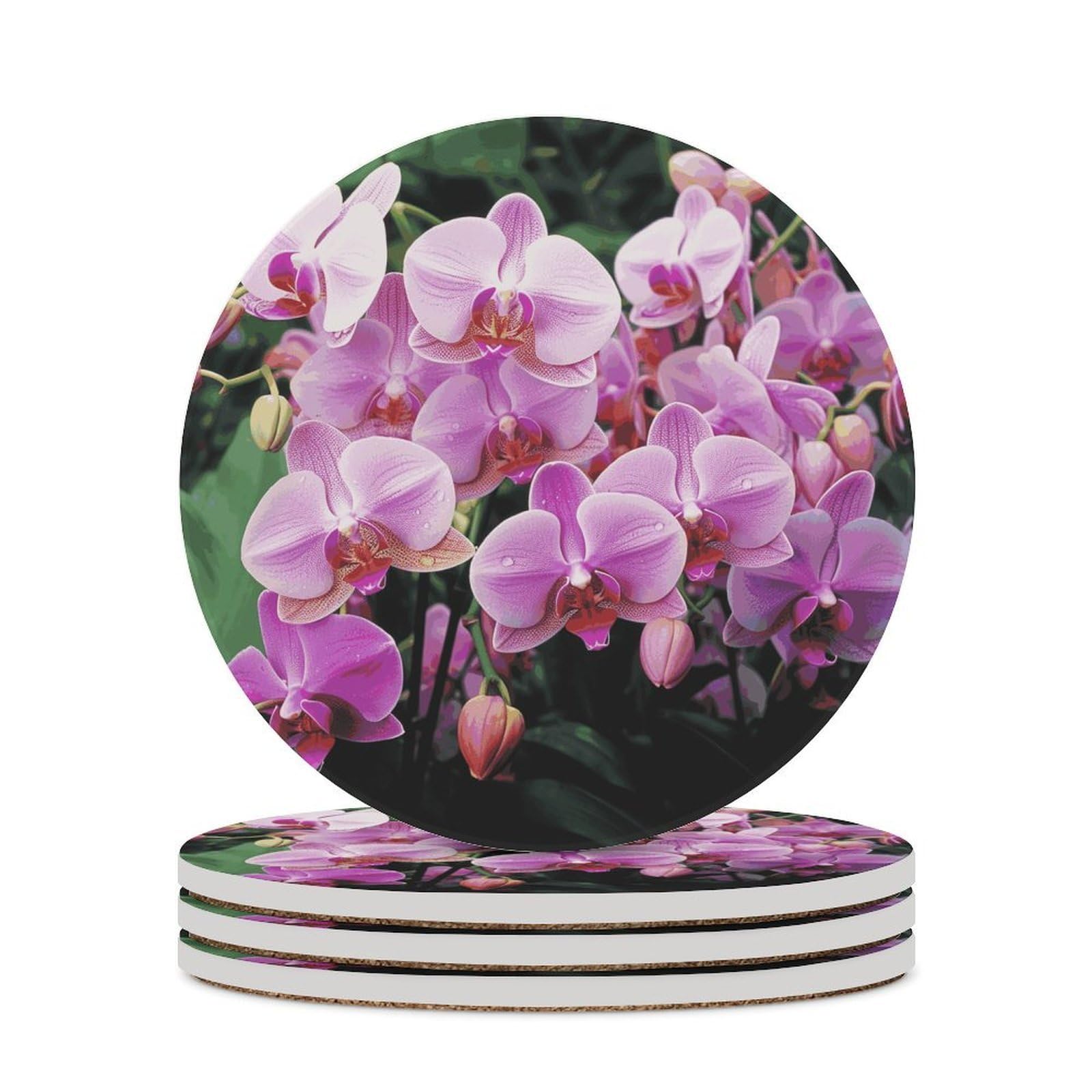 Orchids Coasters for Drinks Absorbing Round Ceramic Stone Coaster with Cork Base Coffee Cup Beverage Table Cup Mat Modern Style Bar Coaster Set for Home Decor