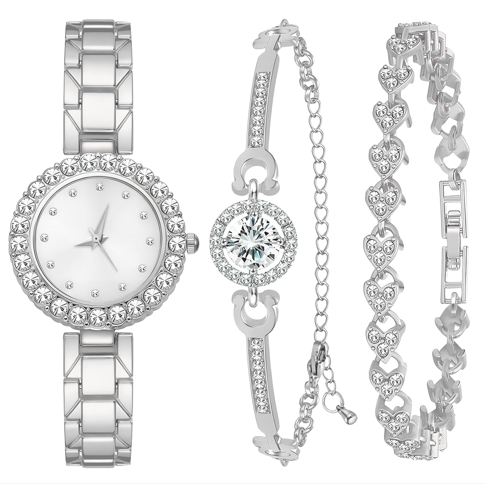 NEWITIN 3 Pieces Women Diamond Watch Bracelets Set Luxury Fashion Jewelry Cubic Zirconia Wristwatch Bracelet Silver Watch Jewelry Set for Women Silver A