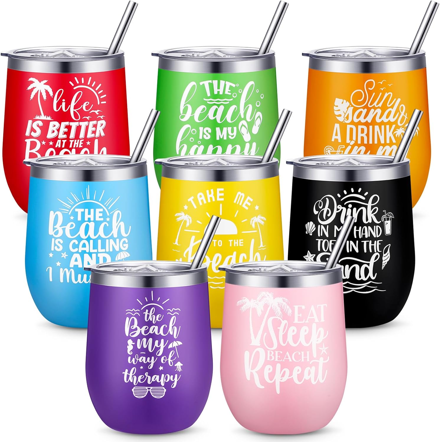 Sliner 8 Pcs Beach Gift Tumbler with Lid 12oz Stainless Steel Summer Beach Is My Happy Place Wine Cups Party Gifts for Ocean Lover Seaside Family Girls Trip Vacation