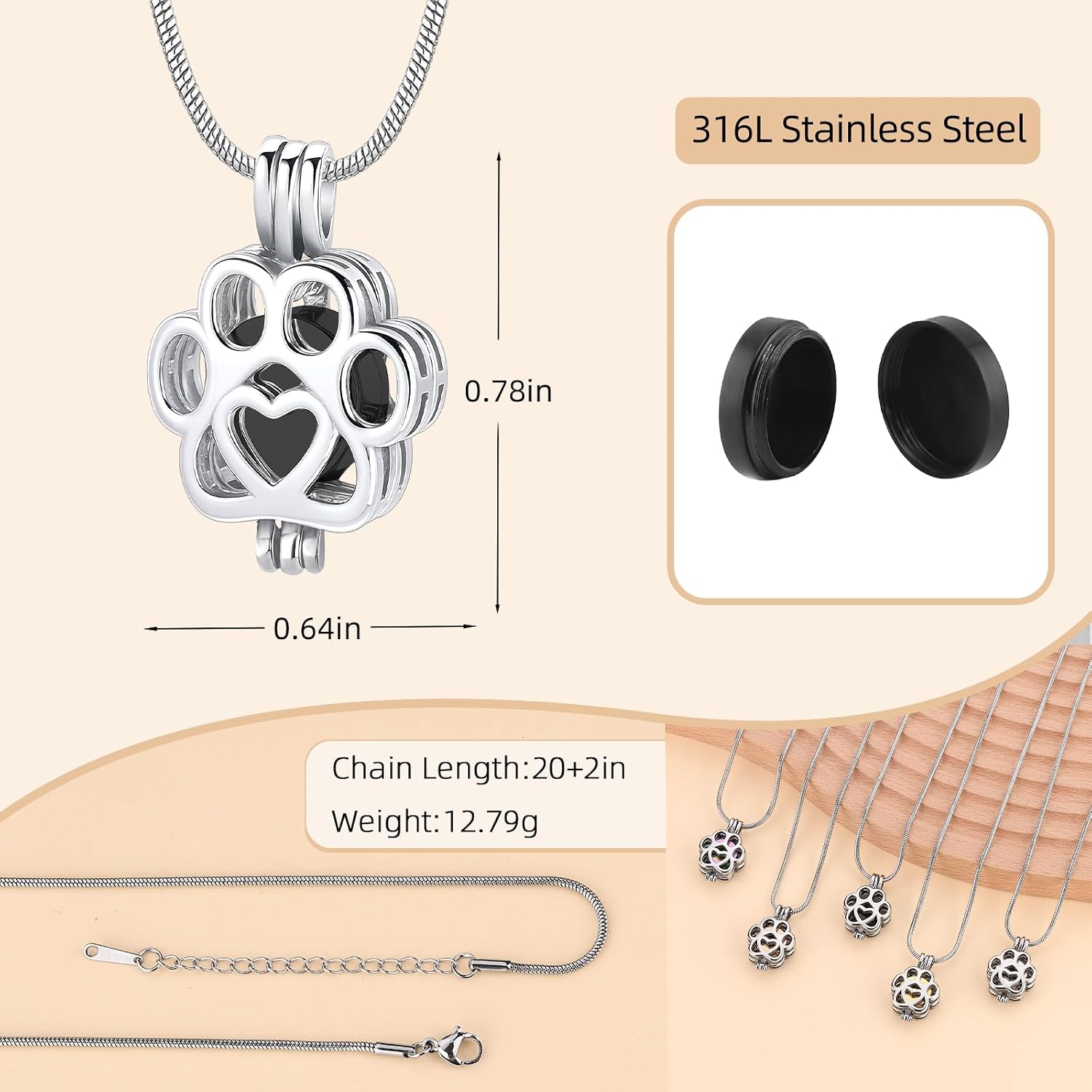 Pet Cremation Jewelry For Ashes For Dog/Cat Paw Stainless Steel Memorial Locket Urn Necklace Inside Mini Box Keepsake Urn Necklace Women Men Loved One Memorial Jewelry