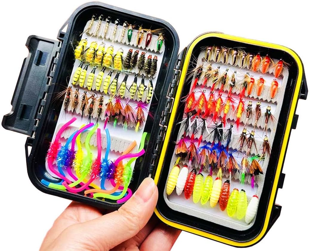 100pcs/Set 20 Mixed Styles Fly Fishing Flies Kit-Hand-Tied Dry Flies for Trout, Bass, Salmon- Dry/Wet Flies, Lures for Freshwater Fly Fishing in Rivers & Lakes