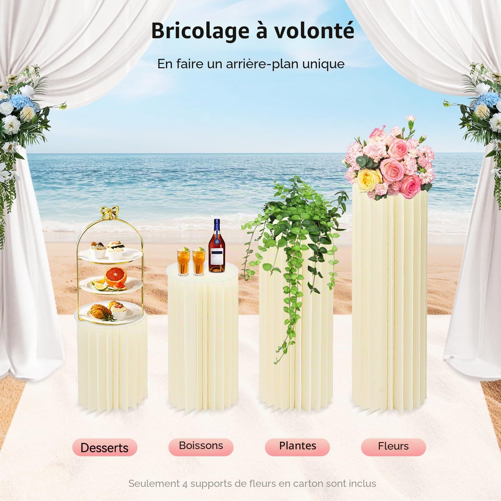 Ensemble de 4 colonnes décoratives avec plaque acrylique - Support pliable en papier pour gâteaux et buffet - Colonnes de présentation pour mariage, fête et table à dessert - 40/60/80/100