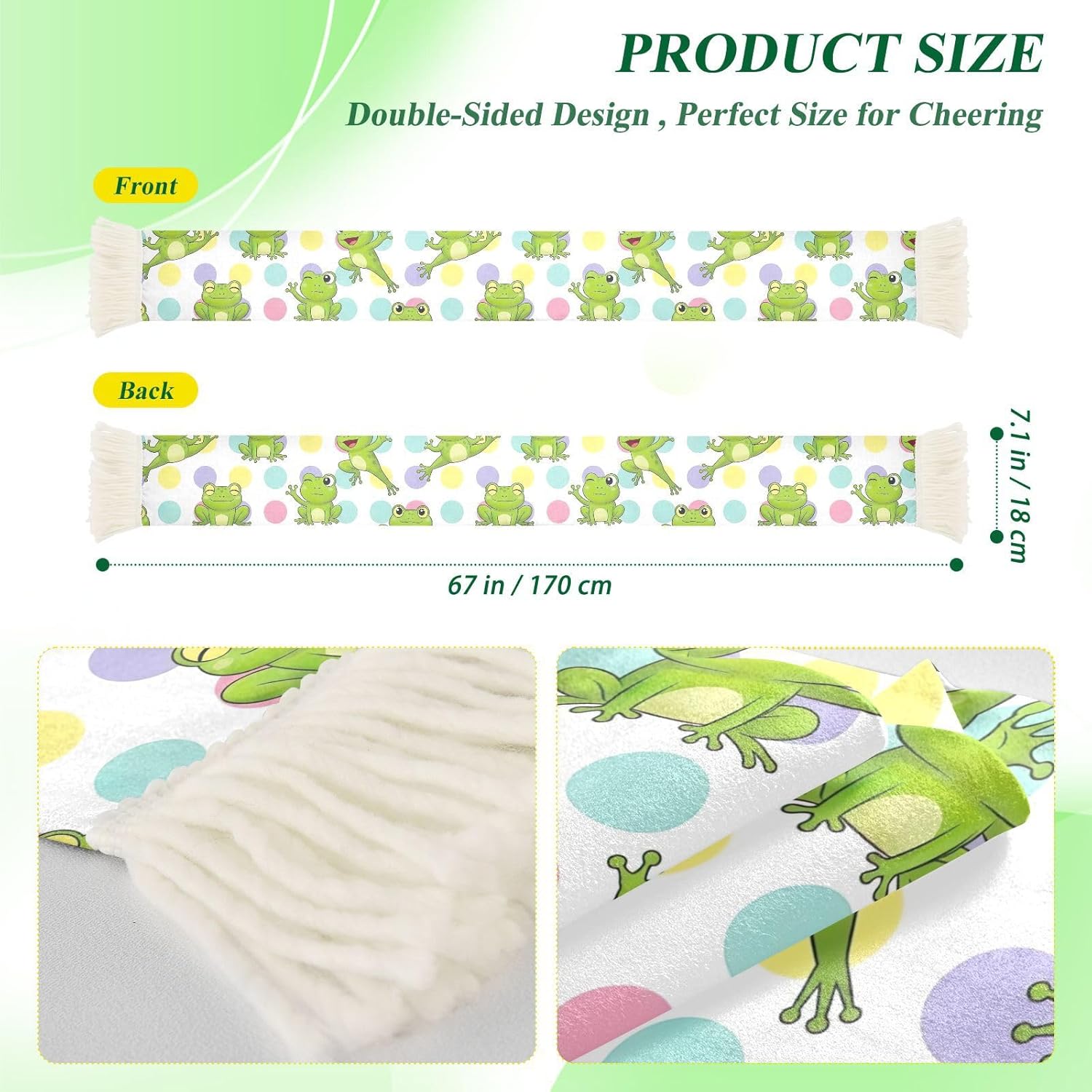 CHIFIGNO Cute Frogs Pastel Polka Dots White Sports Fan Scarf, Quick Dry Polyester for Wiping Sweat and Display at Games