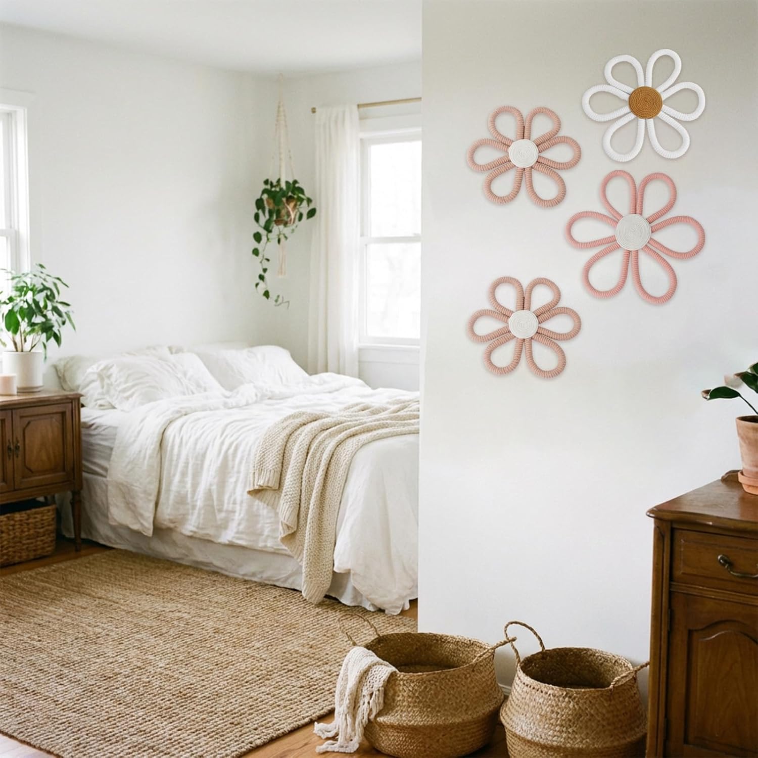 CONEHOY 6 Pcs Boho Nursery Decor Daisy with Hooks 3 Size Daisy Flower Wall Decor Bohemian Nursery Decorations Flower Woven Macrame Wall Hanging for Dorm Home Art(Pink, Brown, White)