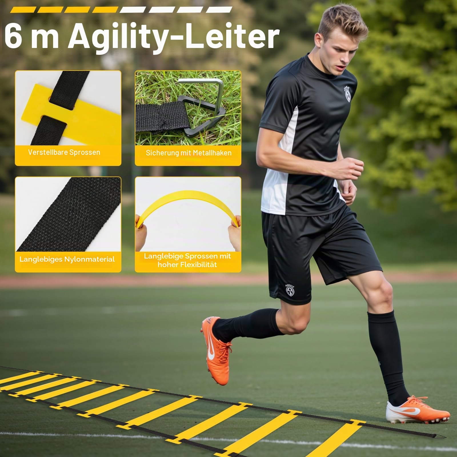Agility Leiter Geschwindigkeitstrainings-Set – 6 m Agility Leiter, 12 Fußballkegel, 4 Hürden, Springseil, Lauffallschirm, Fußball- und Basketball-Trainingsgerät für Kinder, Jugendliche