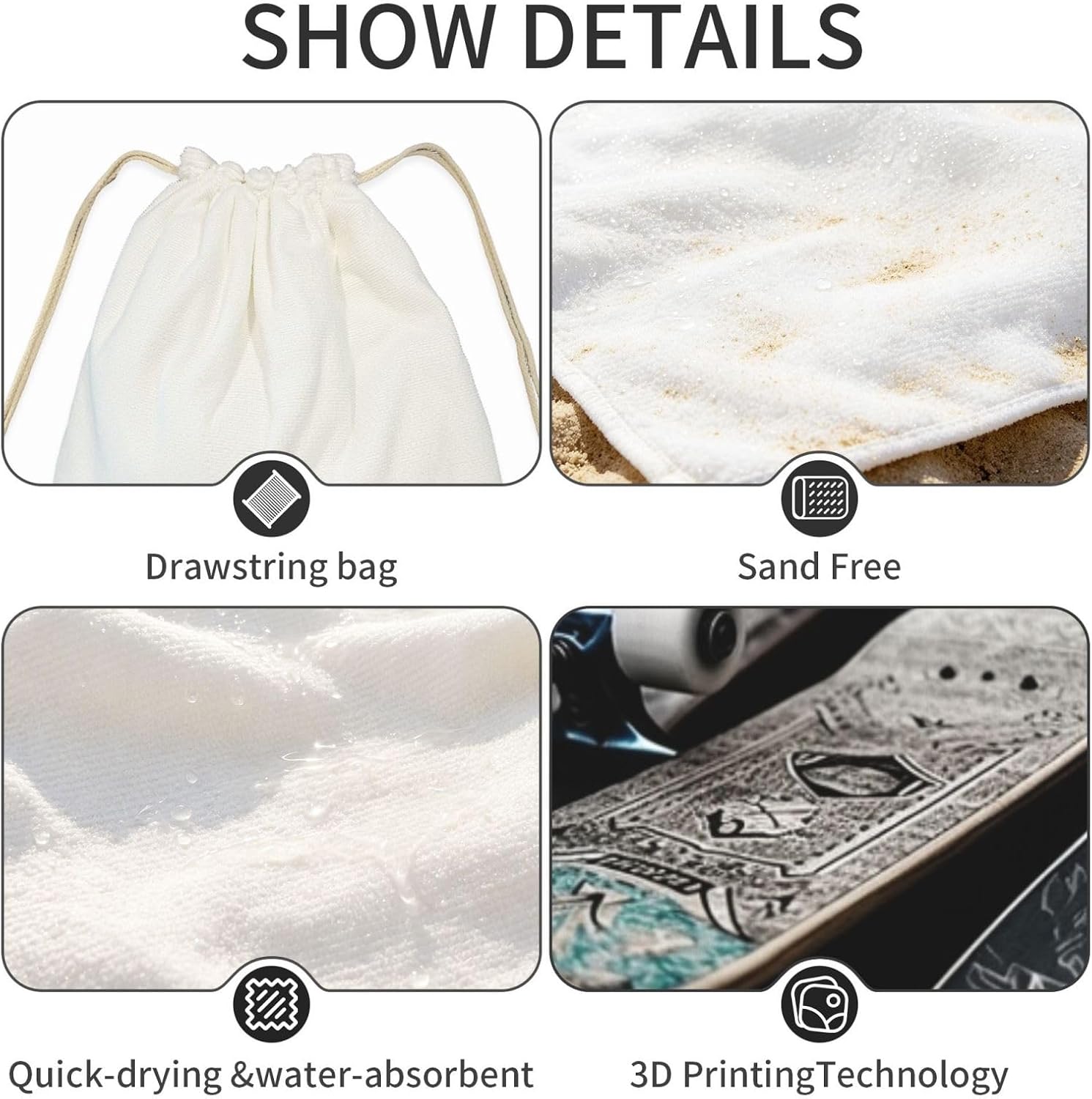 2 in 1 Packable Towel Bag,Soft Absorbent Pool Towels Backpack Quick Dry Lightweight Beach Towels Skate Boards Drawstring Bag for Travel Camping Sports Picnic image 4
