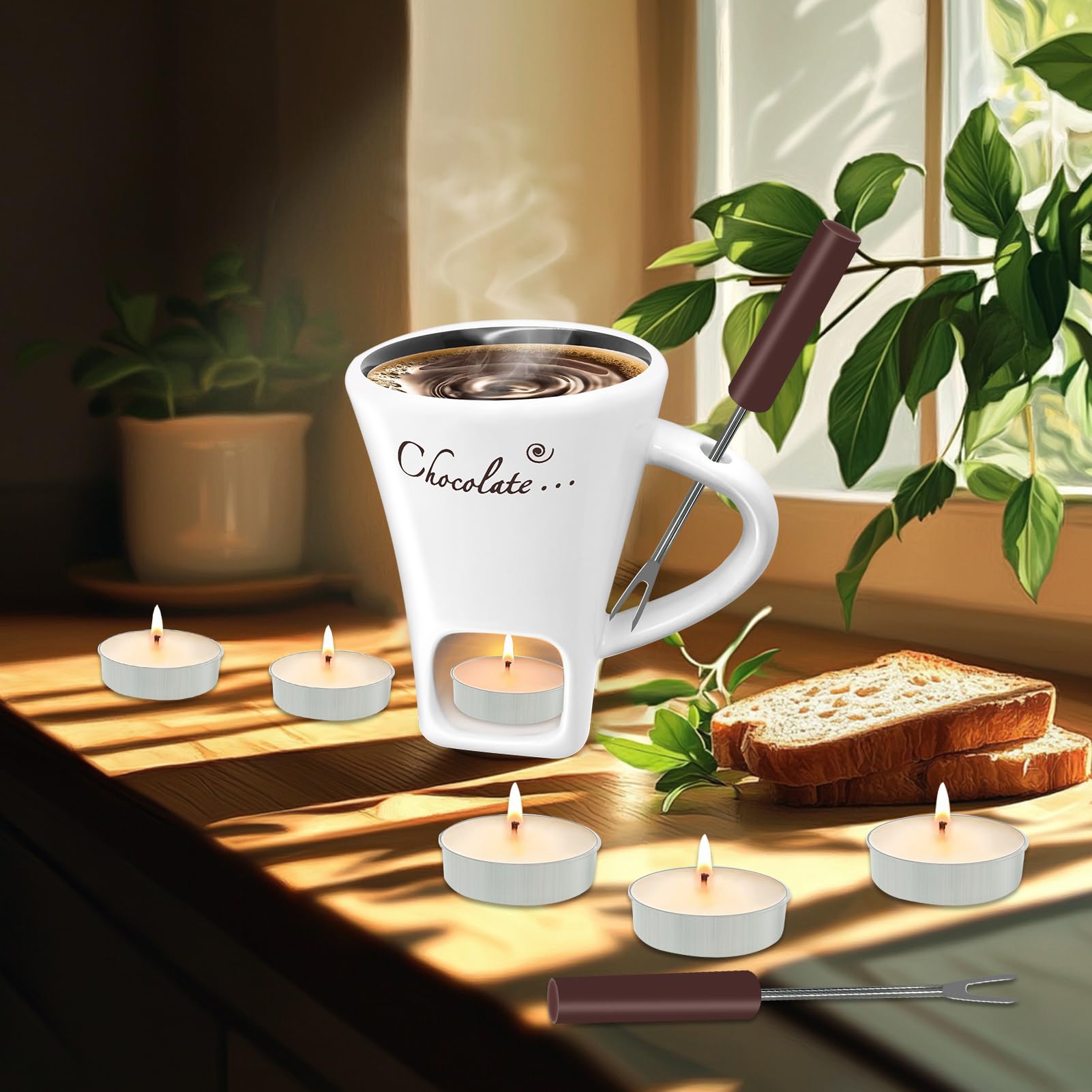 Dongcill - Set per fonduta di cioccolato in tazza, 200ml, Set di bicchieri per fonduta di cioccolato in ceramica, con forchetta e candela