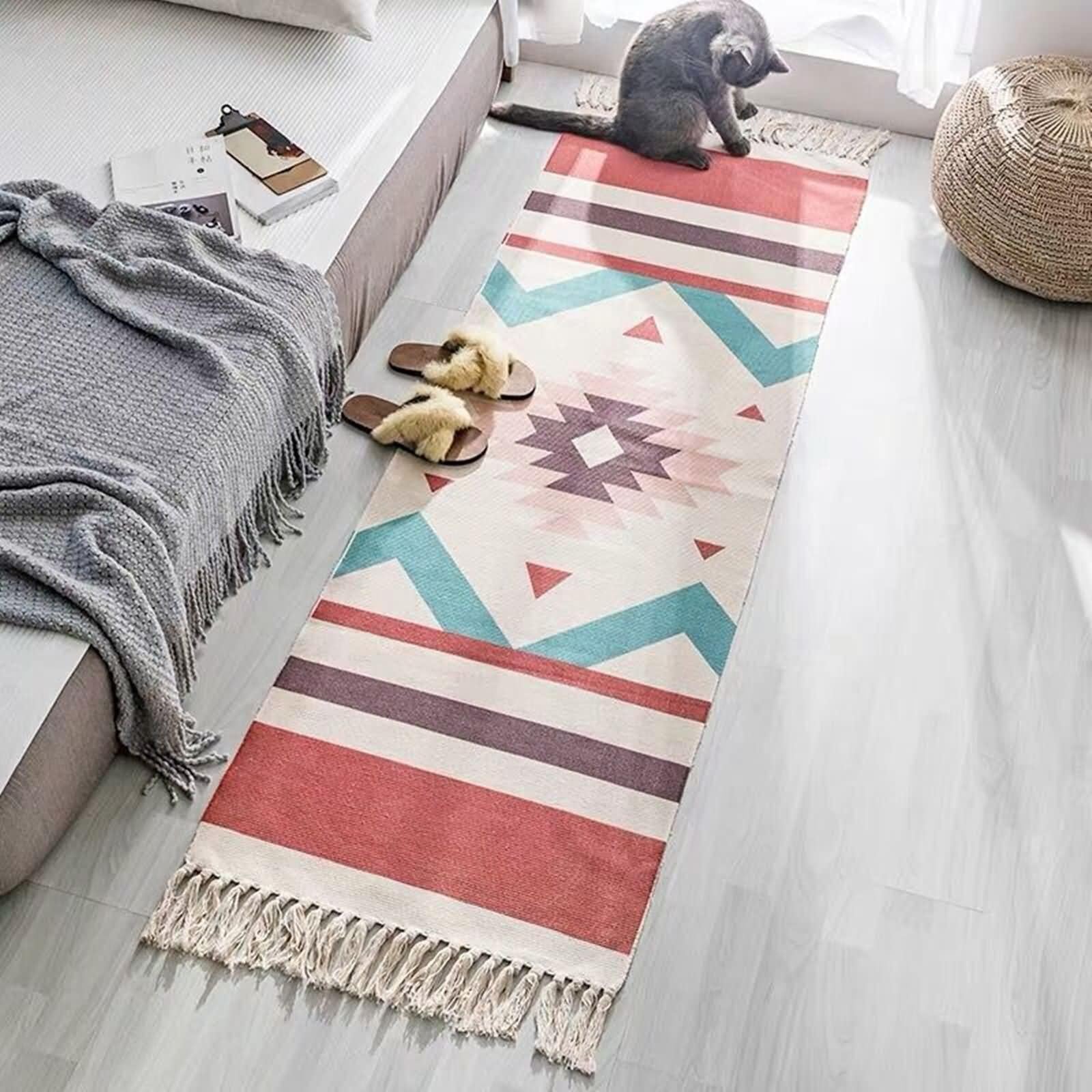 Bettvorleger 60x180, Teppich Läufer Rot Braun Blau Rosa Rechteckig Geometrisches Muster mit Quasten Baumwoll Leinen