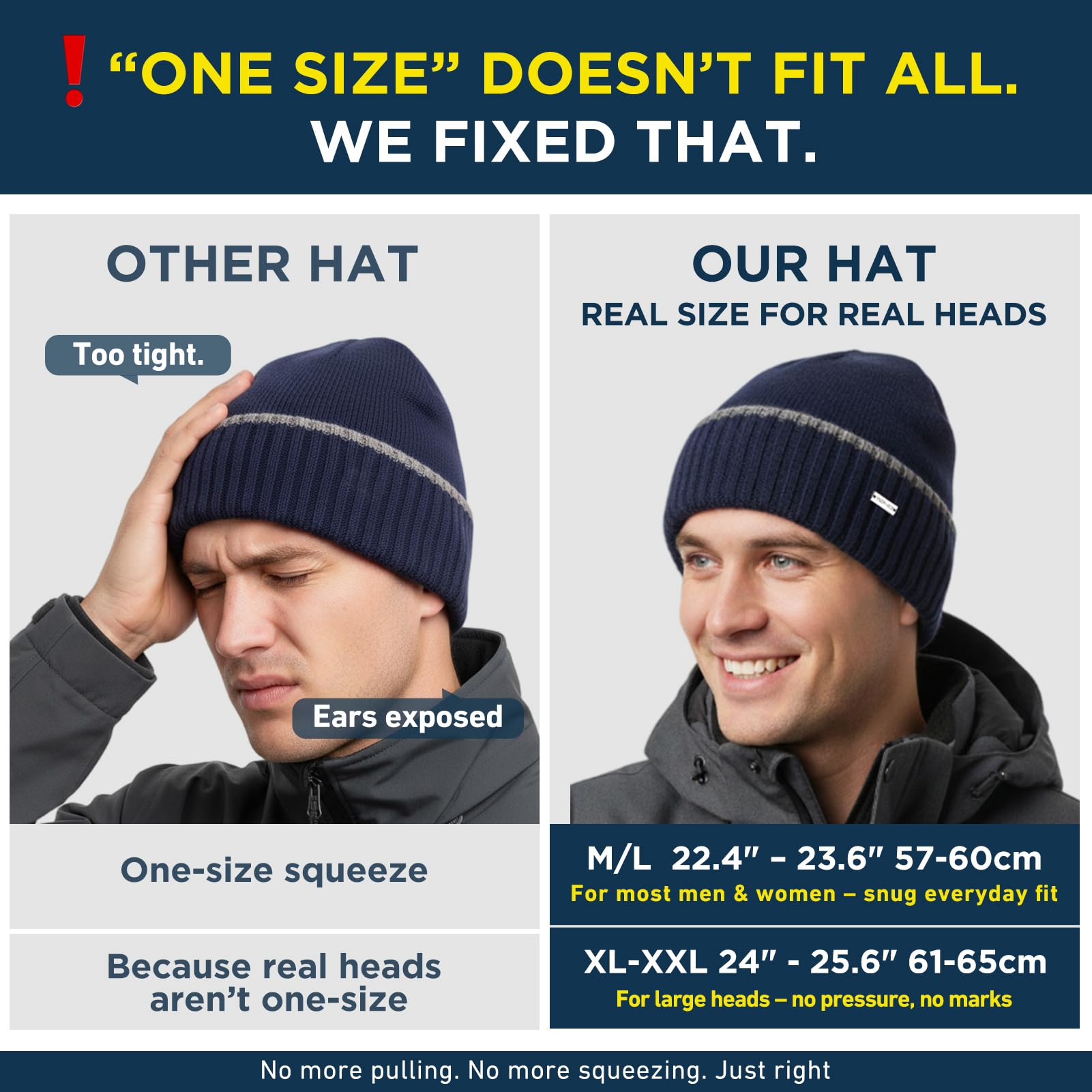TOP-EX XL/XXL 50%-100% Merinowolle Beanies Mützen Herren Fleece gefüttert Strickmütze Warme Wintermützen Bündchen Beanie