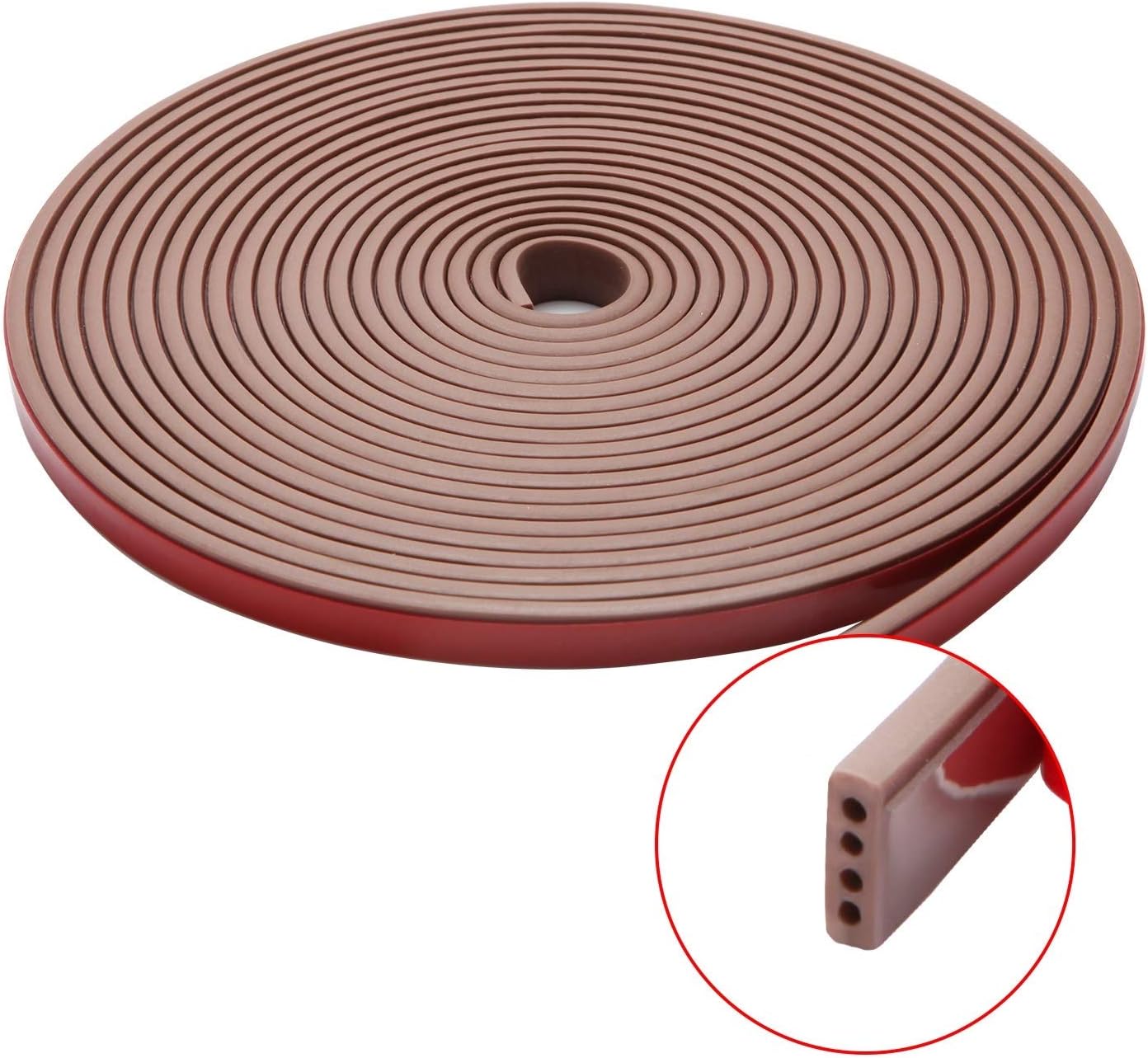 Qishare Door Weather Stripping, Silicone Rubber Multi-Hole Design Seal Strip for Doors and Windows, Self Adhesive Anti Collision Soundproof Waterproof Dustproof Windproof, 6M (I Type 9x2mm, Brown)