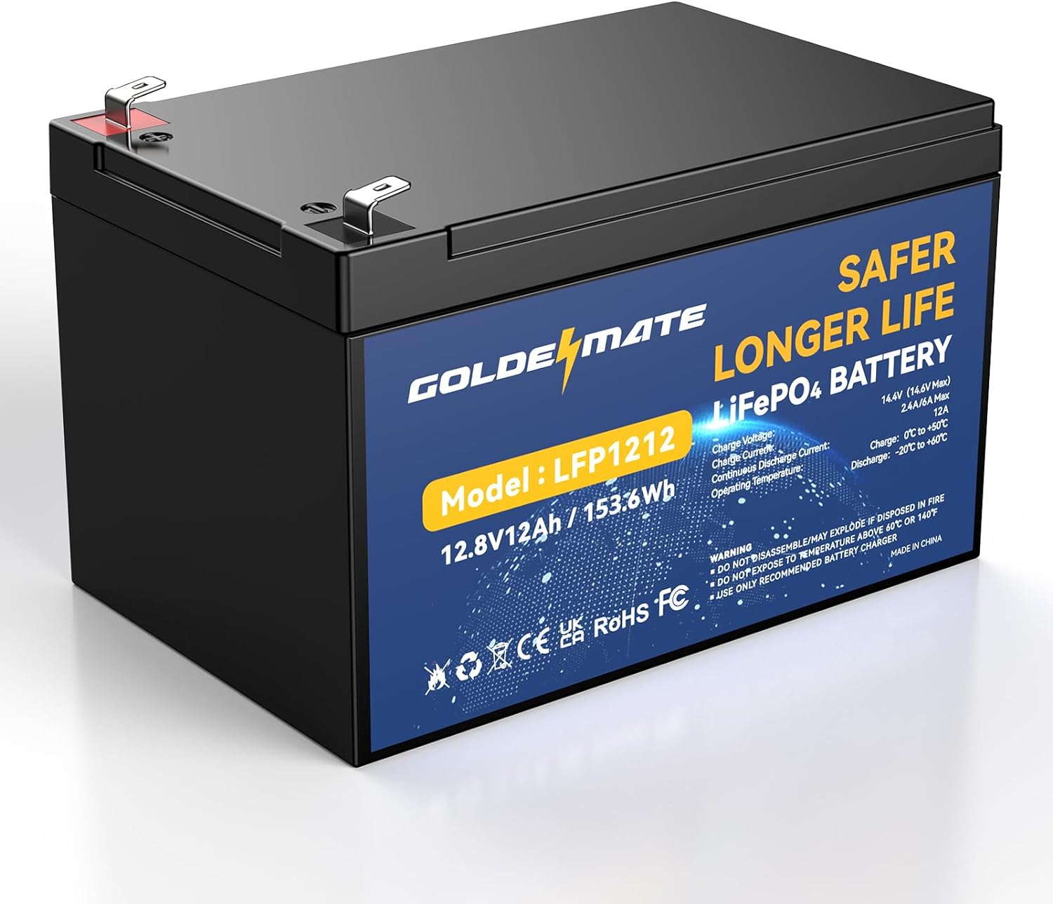 GOLDENMATE 12V 12Ah LiFePO4 Lithium Battery, 5000+ Deep Cycles Rechargeable Battery, Built-in 12A BMS, Lithium Iron Phosphate for Fish Finder, Marine, Power Wheels, LED Light, Camping