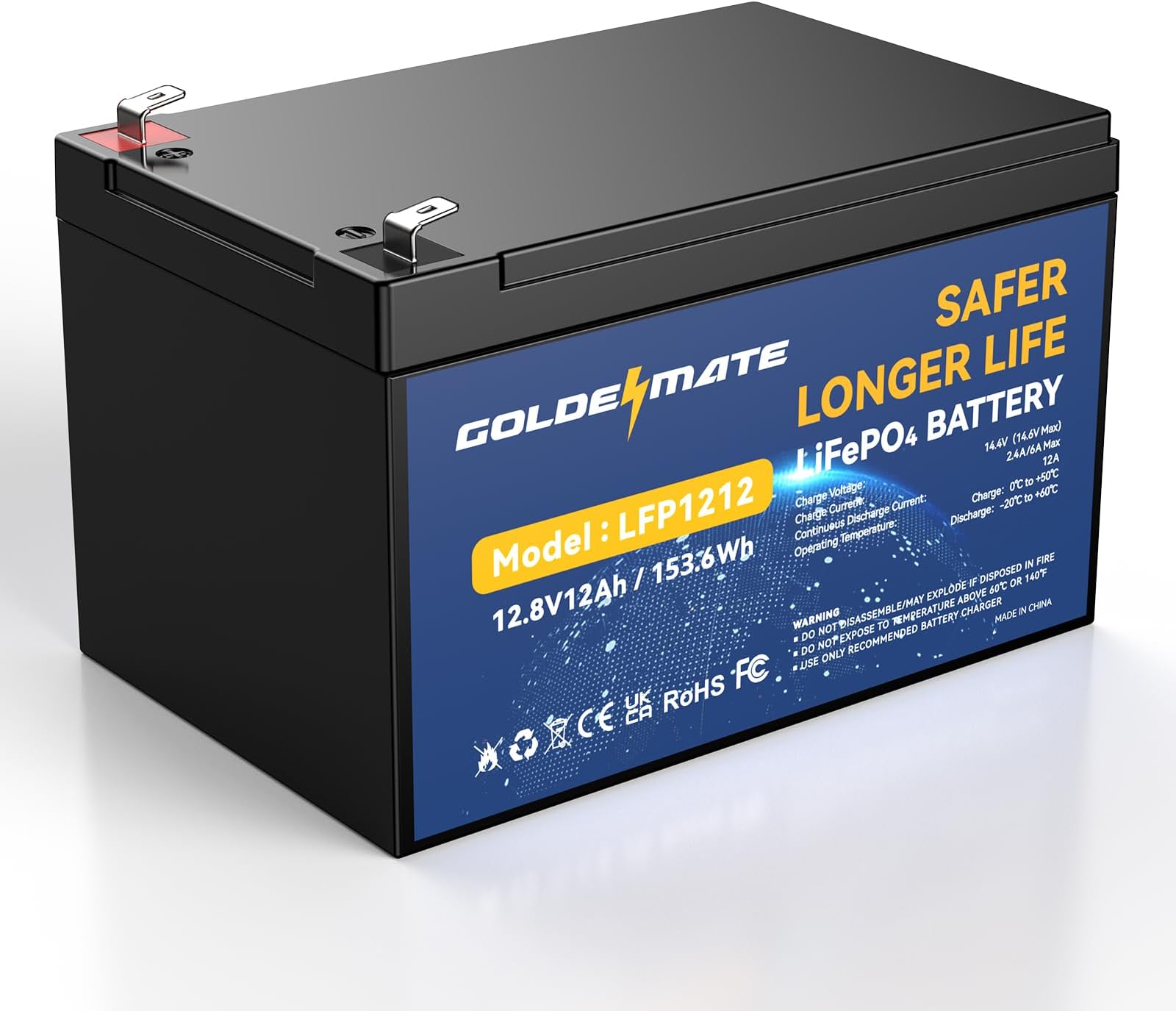 GOLDENMATE 12V 12Ah LiFePO4 Lithium Battery, 5000+ Deep Cycles Rechargeable Battery, Built-in 12A BMS, Lithium Iron Phosphate for Fish Finder, Marine, Power Wheels, LED Light, Camping