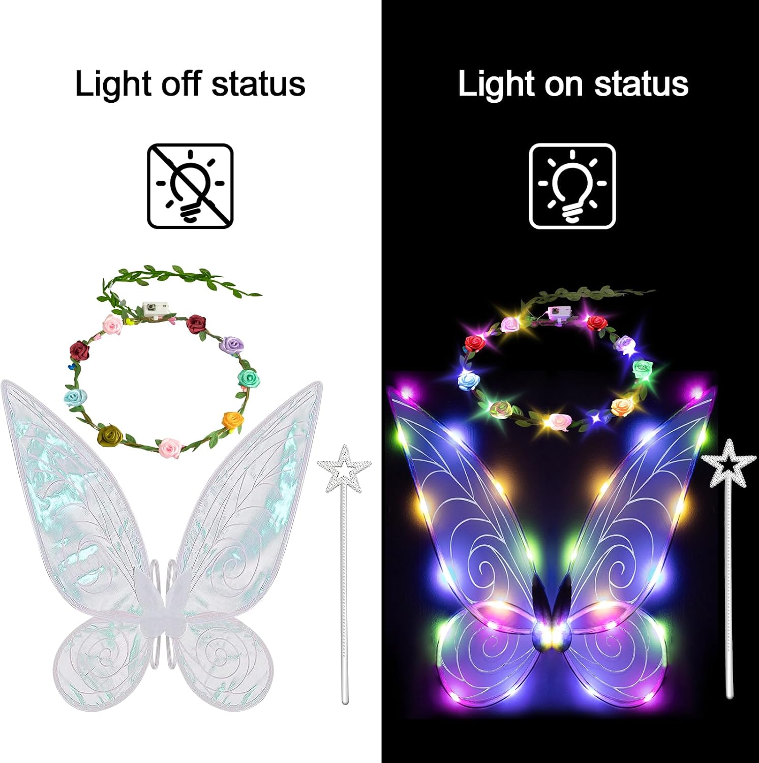 quescu 3pcs Light up Fairy Wings for Adults,LED Butterfly Wings for Girls,Angel Wings Halloween Costume Dress Up for Kids