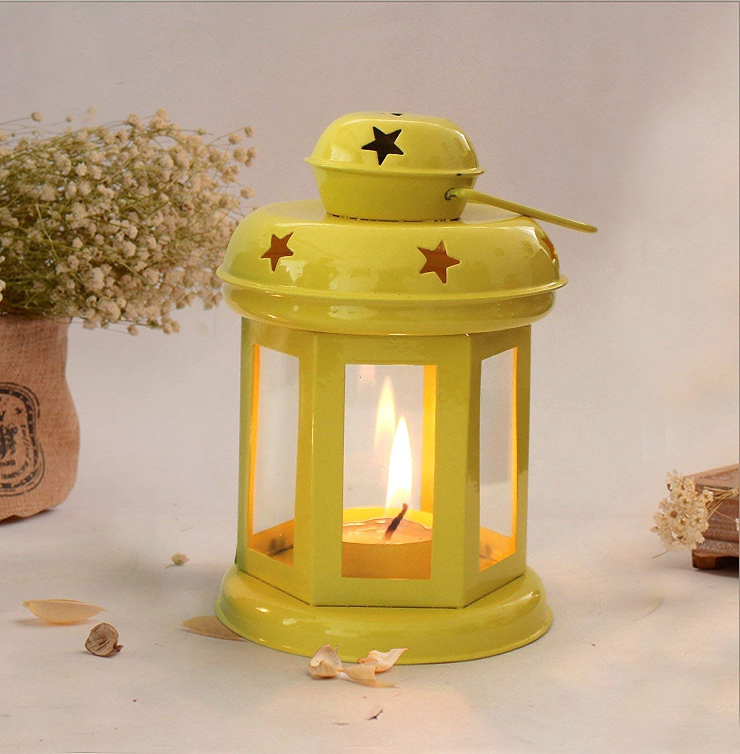 Lanterne en métal jaune bougie chauffe-plat photophore salon 15cm