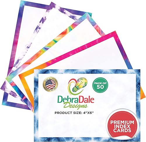 Fabricado en Estados Unidos – Debra Dale Designs - Tarjetas de índice de teñido anudado psicodélico de 4 x 6 pulgadas, paquete de 50, 5 colores y