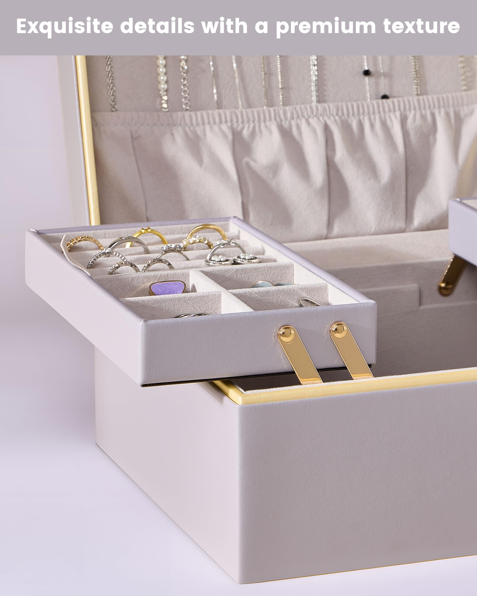 Lolalet Boîte à Bijoux, Coffret de Rangement pour Bijoux en Cuir PU, Multi-Compartiments pour Colliers, Bagues, Boucles d’oreilles, Bracelets et Lunettes de Soleil -2 Niveaux, Violet Brume