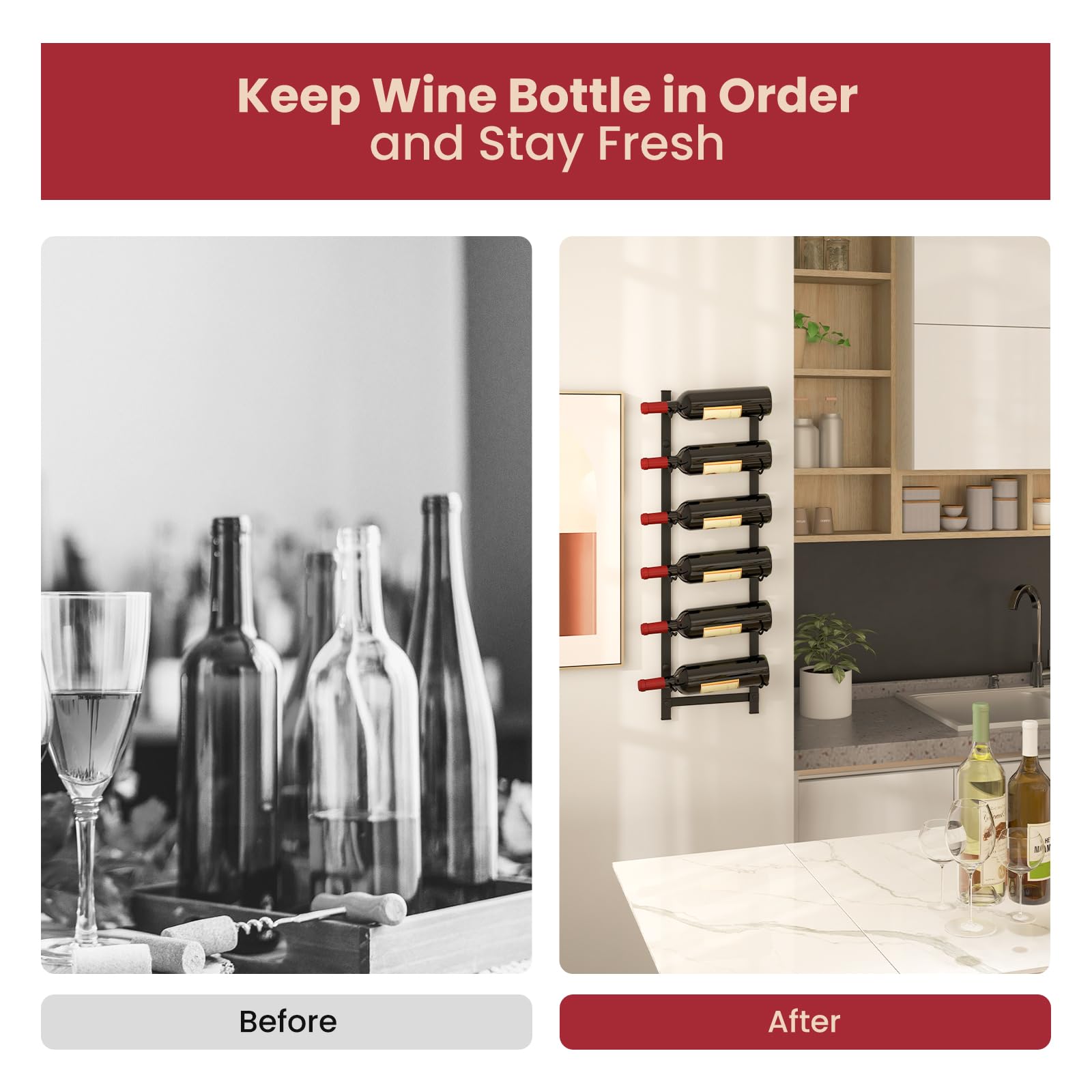 GOPLUS Botellero de Vino de Pared, Soporte de Metal para 6 Botellas, Estante Vertical Negro