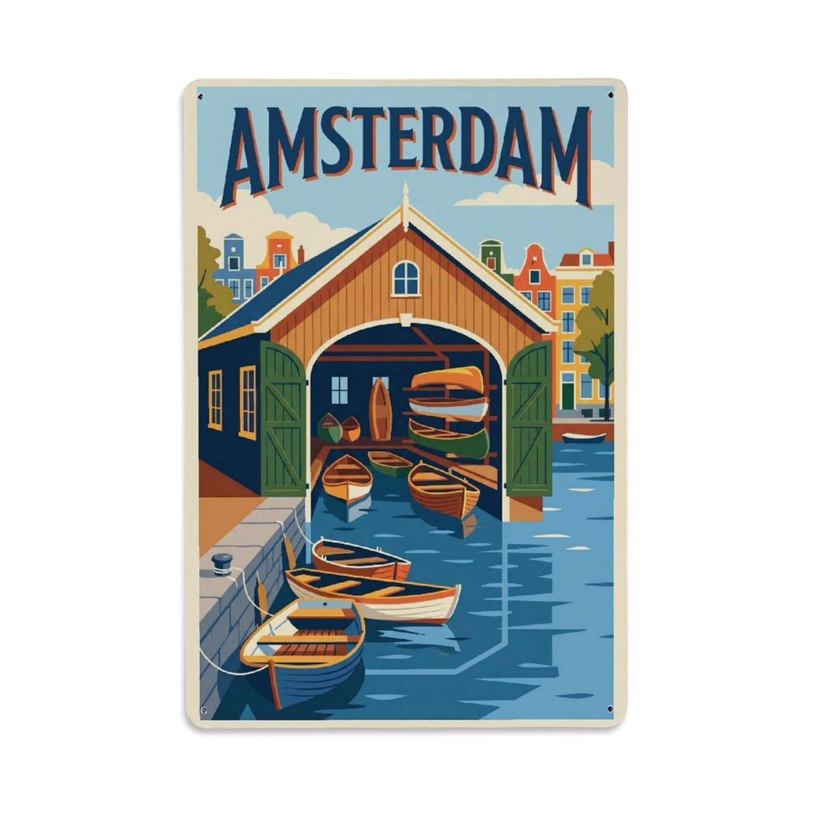 Canal Boathouse Retro Amsterdam Waterfront Tourism Metal Tin Sign Plaque Wall Decor for Cafe, Man Cave, Club Bar, Office, Home Garden Round Metal Poster 8x12Inch