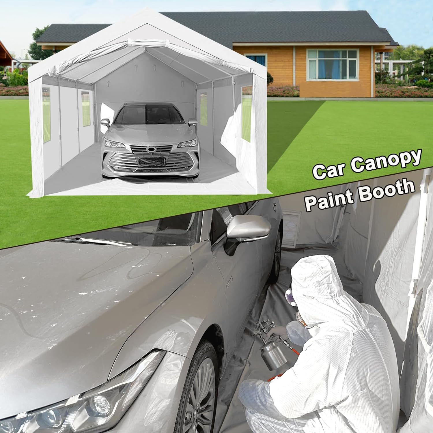 Portable Paint Booth 20x12.5x10ft Heavy Duty Rainproof Spray Shelter with 8pcs Roll Up Mesh Windows Portable Garage Spray Tent for Cars, Auto Parts, Furniture Painting (White)