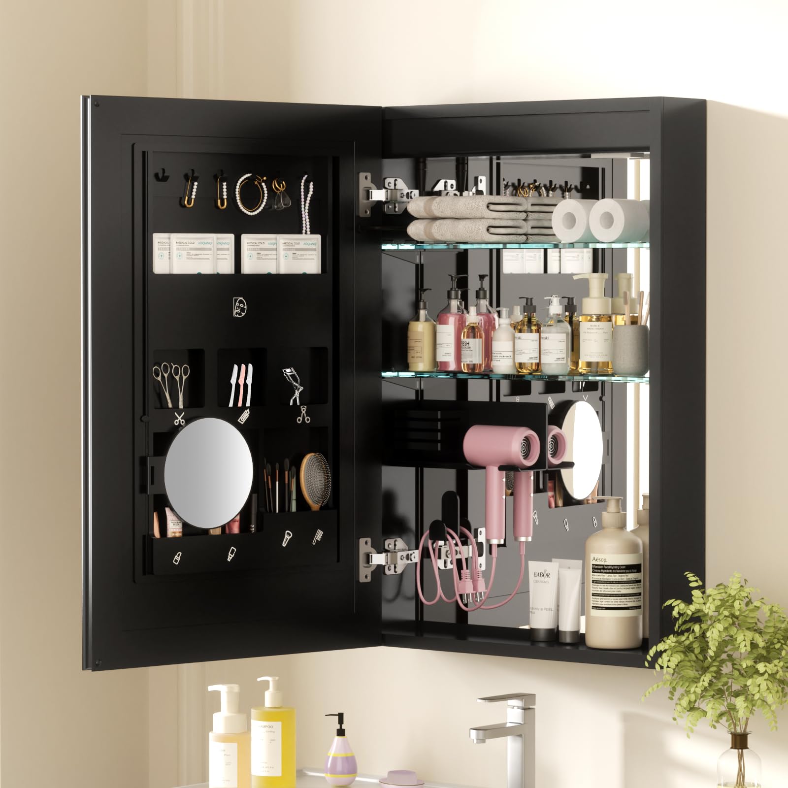 LIGMIRR 20×30 Inch Medicine Cabinet with Lights, Medicine Cabinet with Cosmetics Storage Rack, Bathroom Mirror Cabinet for Women, 2 Outlets, 3X Magnifier Makeup Mirror, Recessed or Surface Mount
