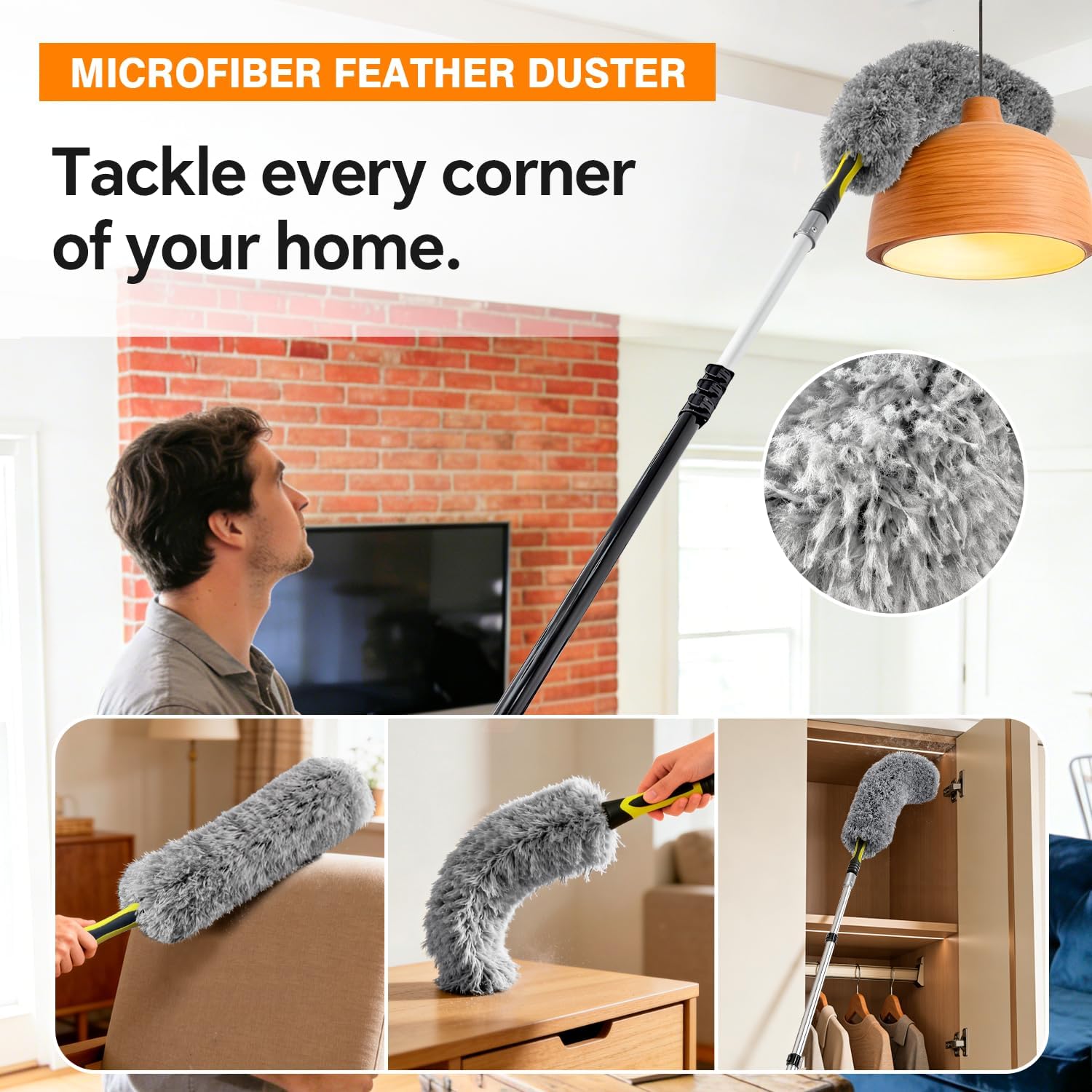 ARTIPOLY 4-12Ft Telescoping Extension Pole Kit, 4-in-1 High Reach Duster with Chenille Microfiber Feather & Cobweb Duster Attachments for Ceiling Wall Hard-to-Reach Indoor & Outdoor Cleaning Yellow