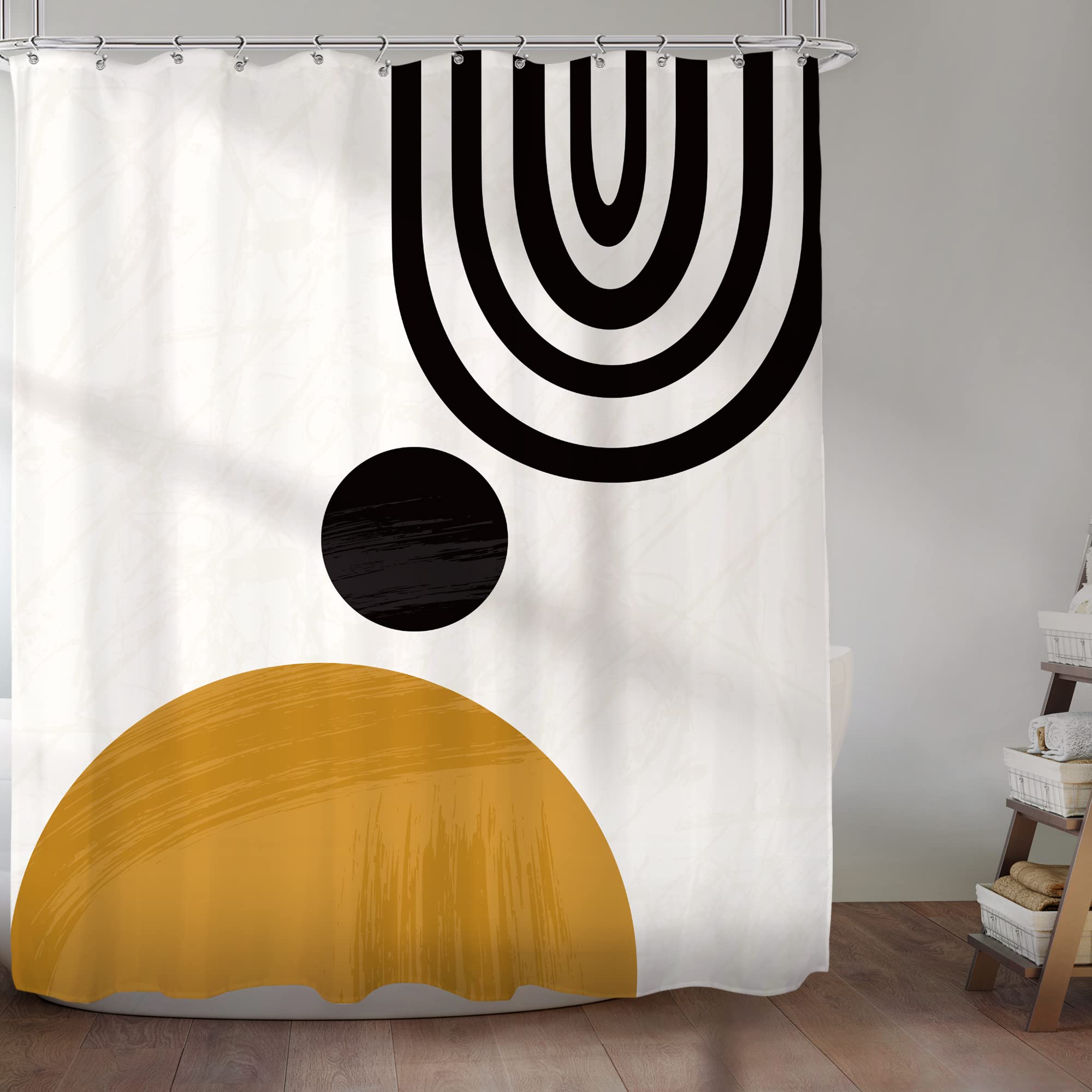 KOMLLEX Cute Mid Century Shower Curtain Set for Bathroom Fabric Abstract Sun Minimalistic Curve Bathtub Curtains Men Kids Aesthetic Modern Geometric Bath Accessories 12 Pack Hooks 60Wx72H Inch