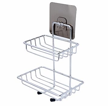 JIALTO® Wall Mounted Double Layer soap Dish Holder Stainless Steel Wall Hanging Soap Storage Rack for Kitchen Bathroom-with Self Adhesive Magic Sticker - image, photos