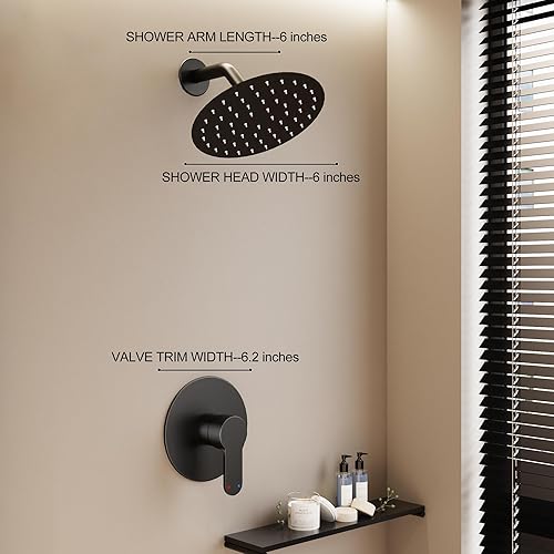 Miniatura 8 de Grifo de ducha, juego de grifo de ducha negro mate, sistema de ducha de lluvia para baño con cabezal de ducha de 6 pulgadas, kit de molduras de