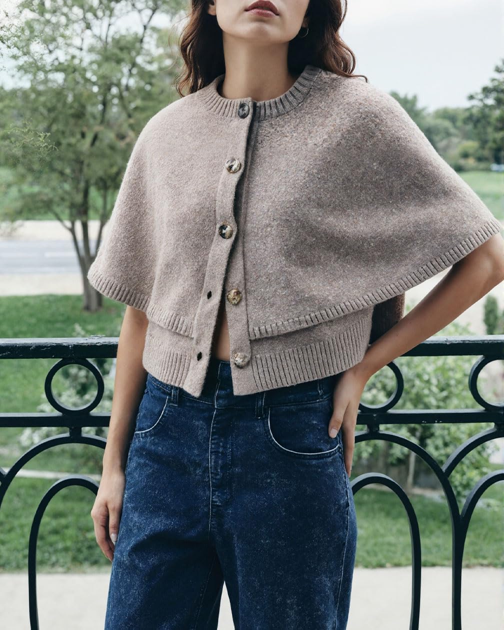 Women Trendy Crew Neck Button Down Open Front Cape Cardigan Casual Elegant Cropped Ribbed Knit Shawl Sweater Fall