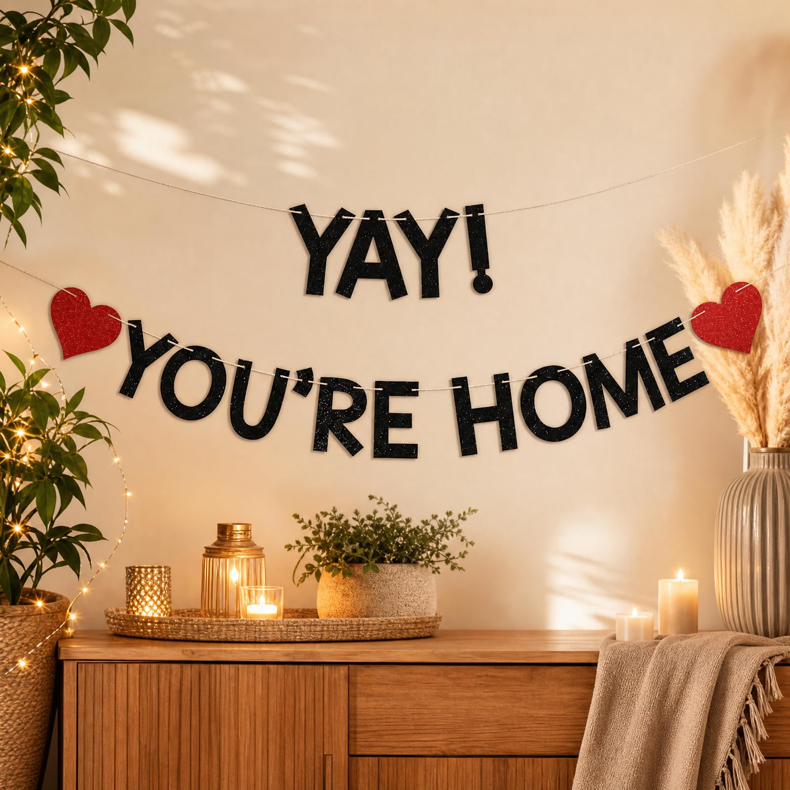 Yay You're Home Banner Pre-Strung Glitter Welcome Home Sign, No Assembly Required Reusable Bunting Decor for Family Reunion, Homecoming, Military Welcome Back Party Supplies