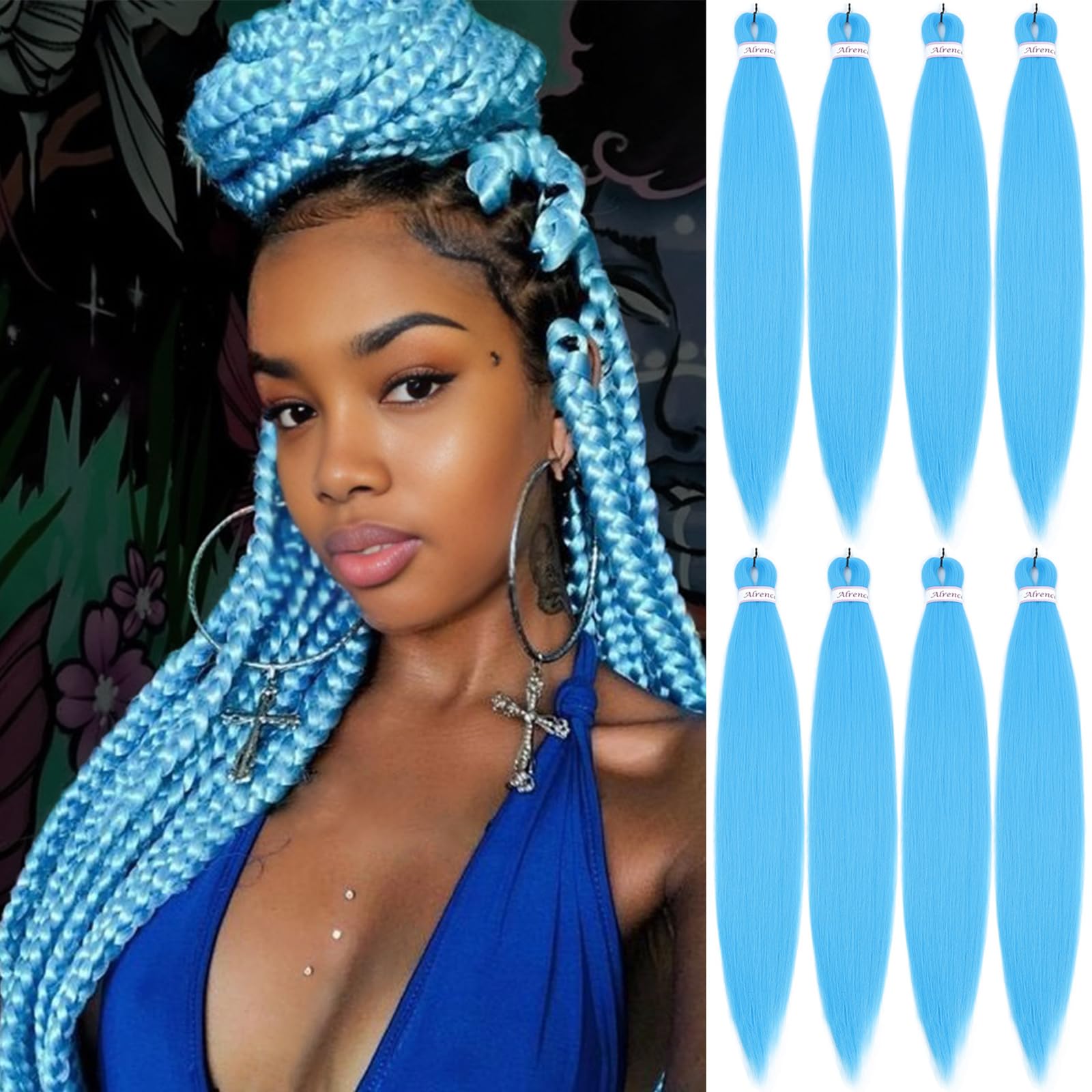 Baby Blue Braiding Hair, 26 Inch 8 Pack Pre Stretched/Prestretched Braiding Hair For Black Women Knotless Braid, Synthetic Soft Yaki Crochet Braids (