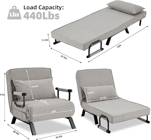 Miniatura 3 de Sillón Cama Convertible, Sillón Tri-plegable Tapizado con Almohada, Sofá Chaise Lounge Plegable de Ocio, Respaldo Ajustable de 6 Ángulos Cama