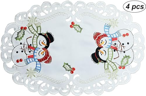 Miniatura 2 de Creative Linens Juego de 4 manteles individuales de Navidad con muñeco de nieve de 11 x 17 pulgadas, ovalados, bordados, copos de nieve, copos