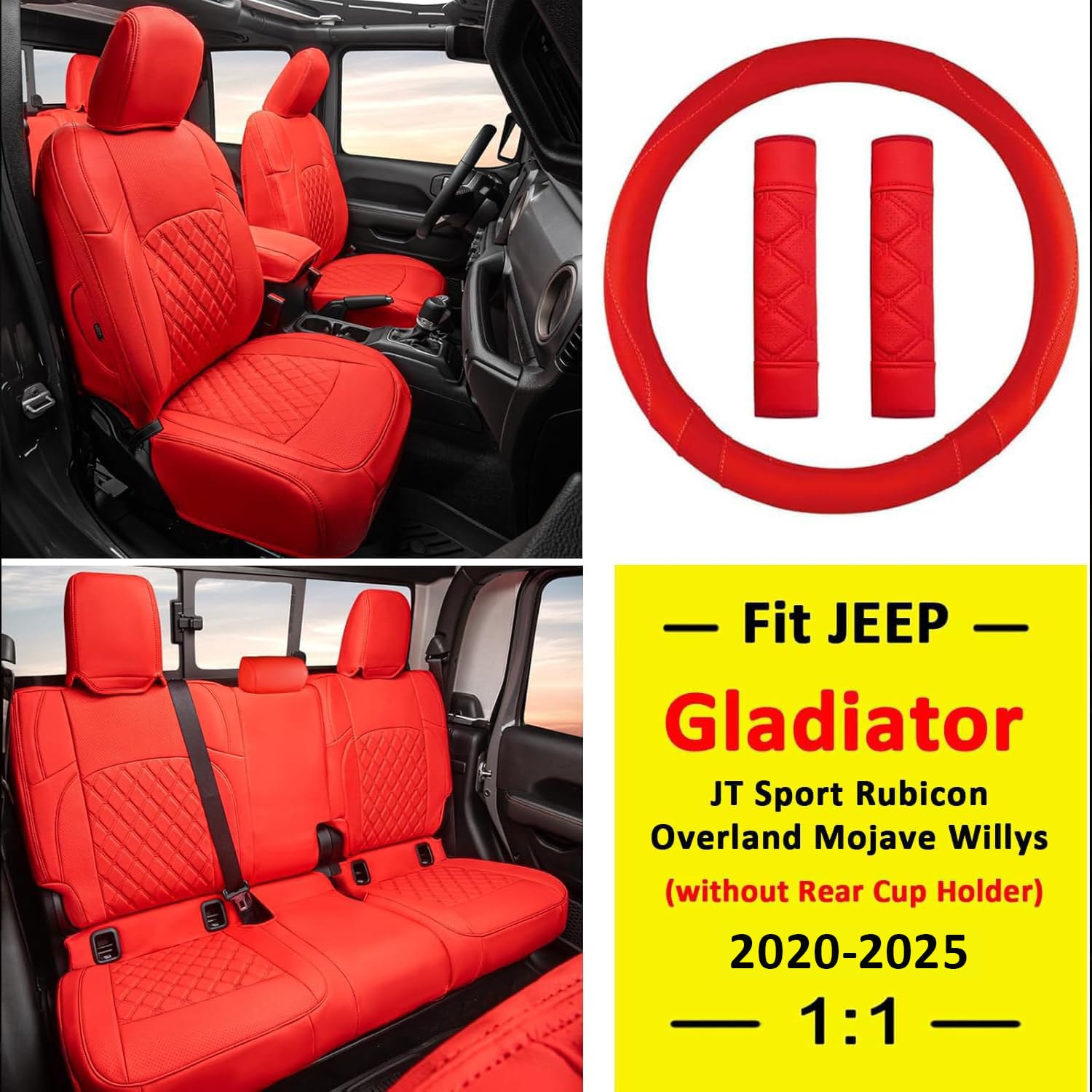 GIANT PANDA Customized Fit Gladiator Seat Covers for Jeep Gladiator JT Sport Rubicon Mojave Willys Freedom 2020 2021 2022 2023 2024 2025 Without Rear Cup Holder,Faux Leather - (Red)