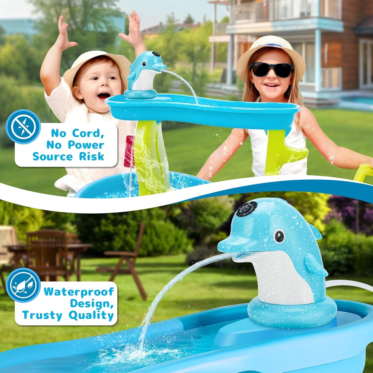 Dolphin Water Table Pump Toy for Kids - Battery Powered, 3-Hour Non-Stop Play - Summer Water Fountain Play Table with Dolphin Design (Blue)