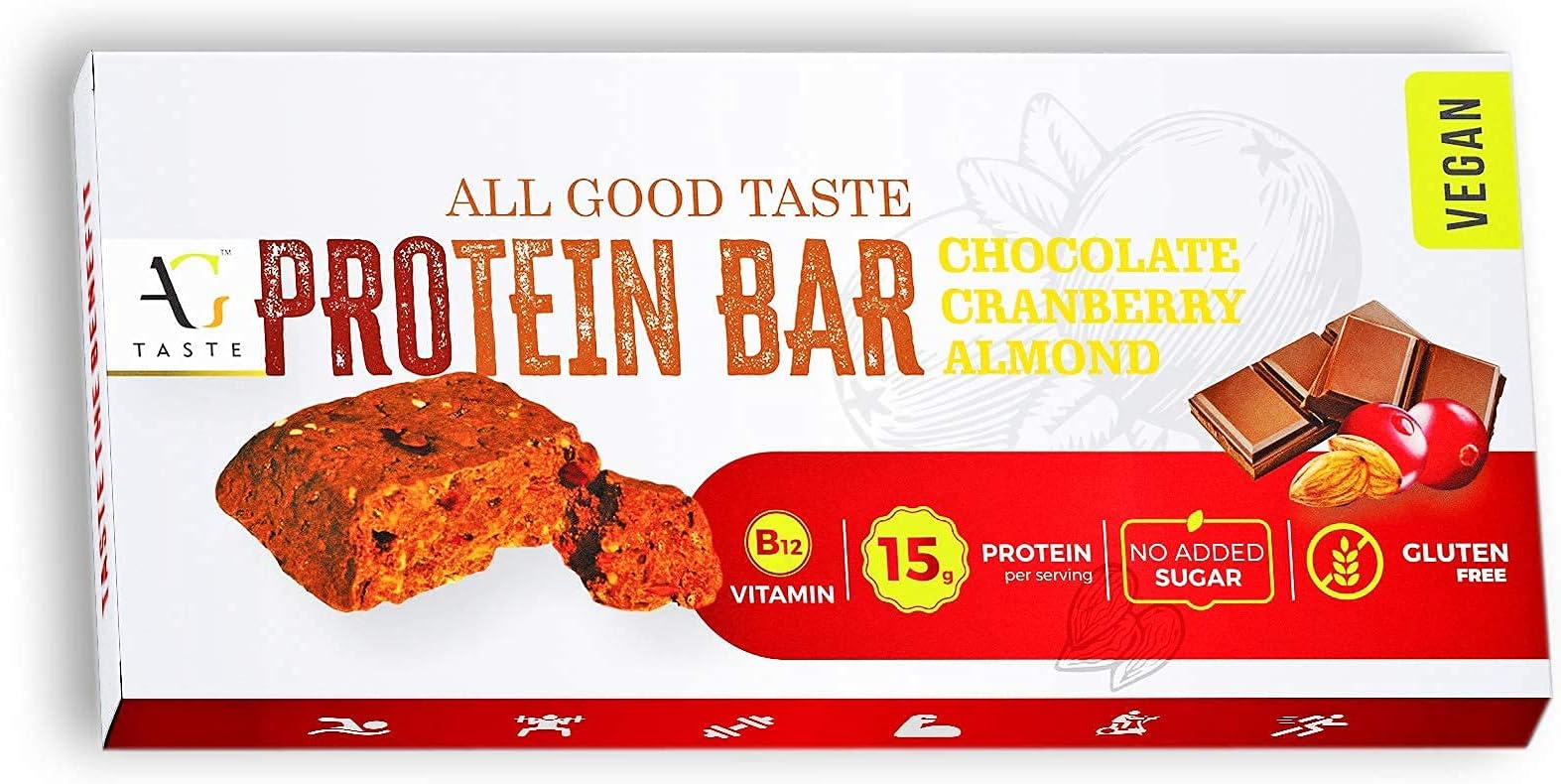 AG Taste 15G Protein Bar-Vegan & Glutenfree, Sugarfree Chocolate Cranberry Almond -270 g (6x45g), Pack of 6 bars- Meal Replacement & Workout bar, No Added Sugar, No Preservatives.
