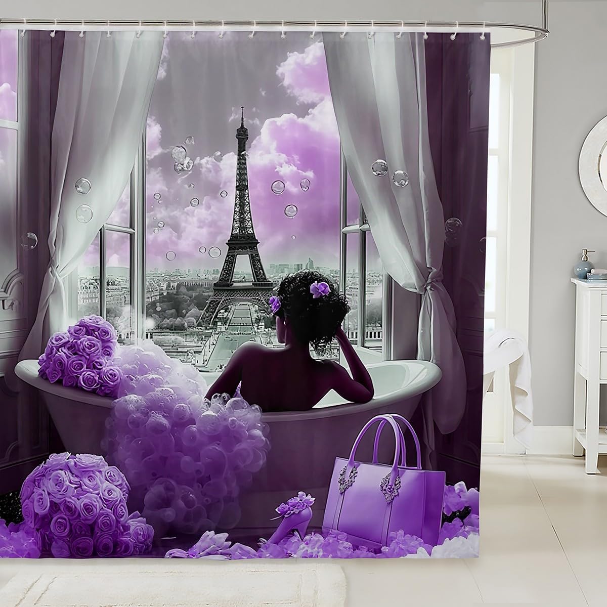Erosebridal Pink Paris Shower Curtain Set,Eiffel Tower Rose Bathroom Decor for Girls Kids,Pink Floral Butterfly Bathroom Set,Princess French Style Fabric Shower Curtain 72" Wx78 L