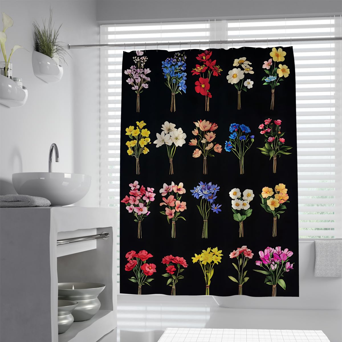 UIRINGART Vintage Botanical Bouquet Shower Curtain W200xL200cm Colorful Wildflower Black Background Anti Mould Waterproof Bath Curtains With Hooks