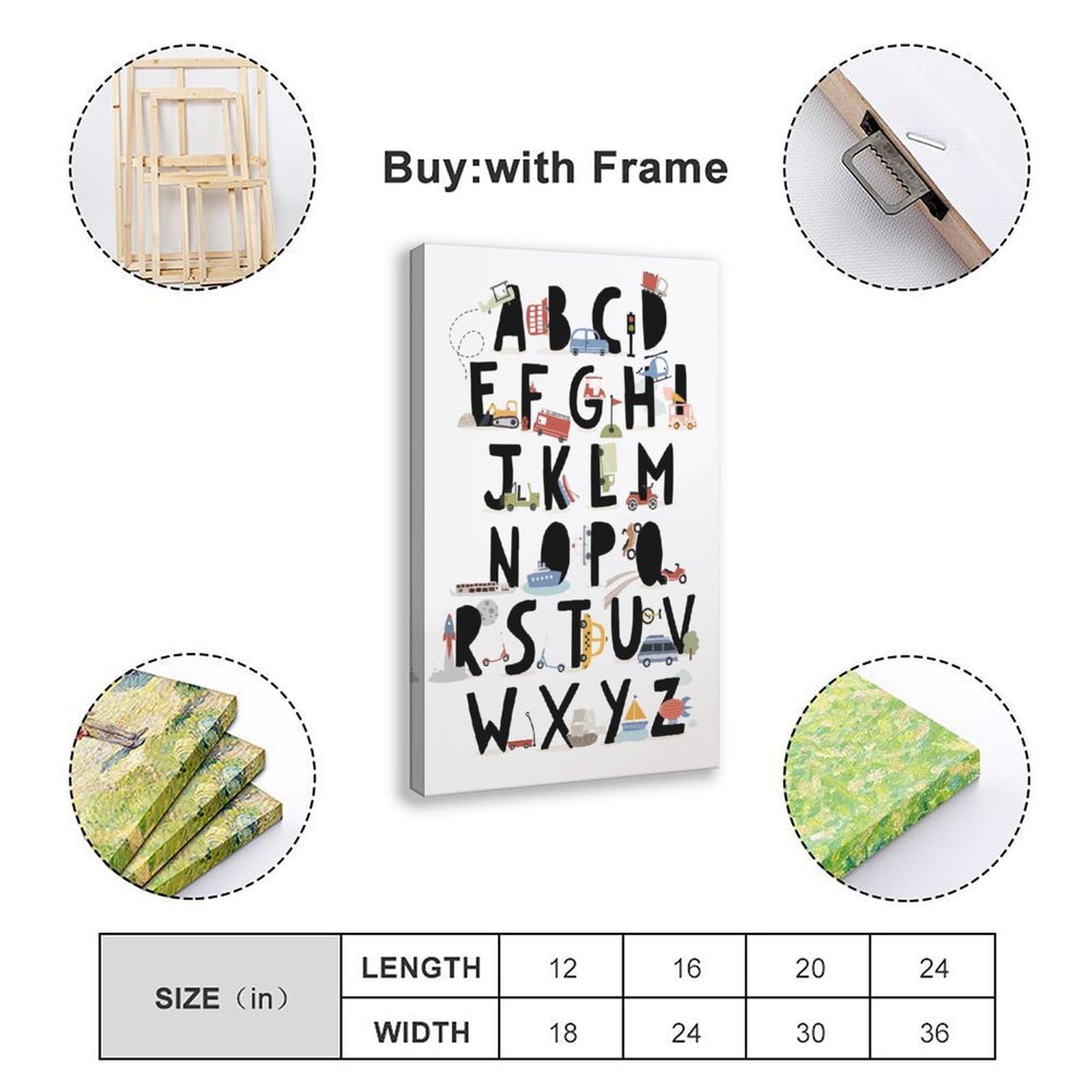 Poster sur toile avec thèmes éducatifs de l'alphabet de A à Z (2) - Décoration murale pour salon, chambre à coucher - 40 x 60 cm