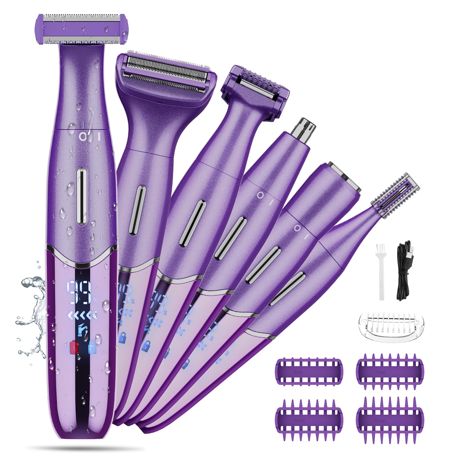 Maquinilla de afeitar eléctrica para mujer, 6 en 1, recortadora de bikini para mujeres y hombres, vello púbico, área privada, piernas, cejas, cara, nariz, cejas, depilación corporal, IPX5, impermeable