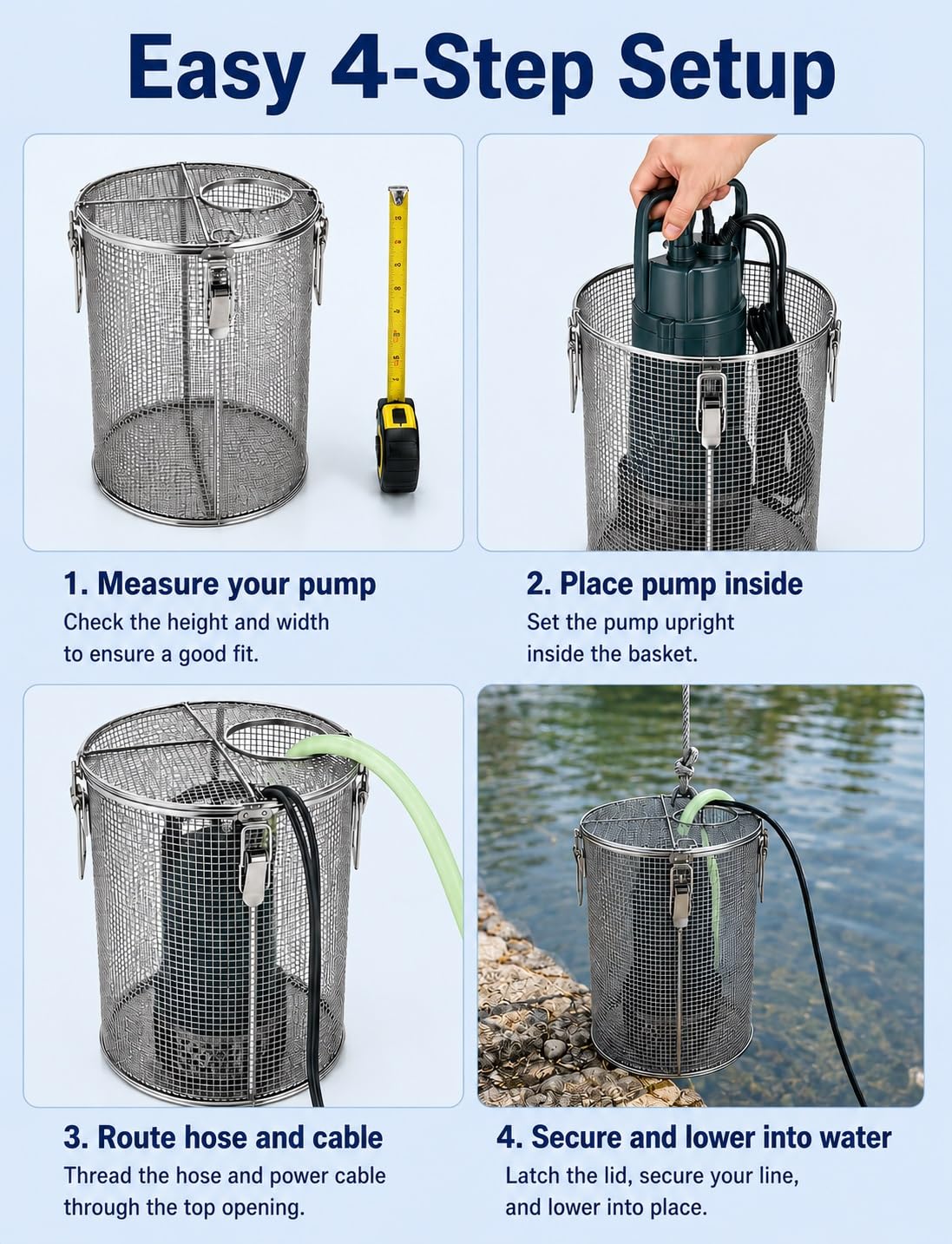 Cesta Filtro Bomba 5mm, Filtro Aspiración para Bomba Sumergible | Malla 5mm acero inoxidable 304，Salida agua 9cm，Clips seguridad，Asa integrada，Estanques pozos riego(20x40 cm)