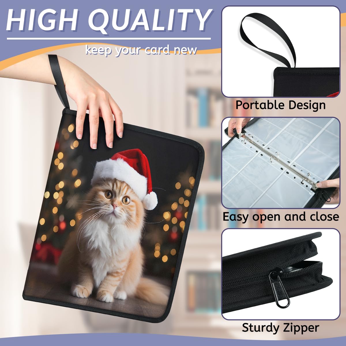 Raccoglitore per carte collezionabili con 9 tasche, motivo natalizio con gatto, con maniche rimovibili, impermeabile, con cerniera, 50 pagine, capacità 900 carte