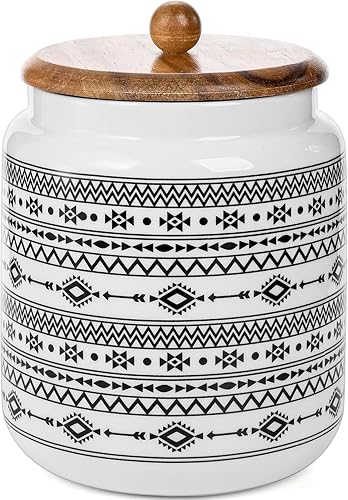 Miniatura 2 de Hedume Recipiente de cocina, tarro grande de cerámica para almacenar alimentos con tapa de madera hermética, recipiente de almacenamiento de