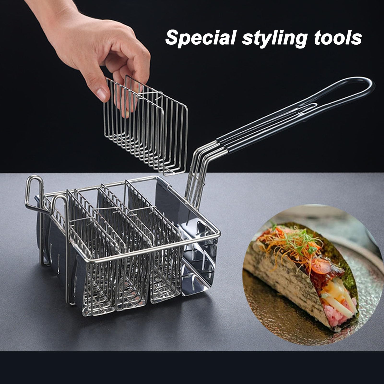 4 Shells Taco Shell Fryer Basket with Long Handle, Stainless Steel U Shape Taco Fryer Basket, Taco Holder Basket Cooking Tool for Kitchen Milk Tea Shop Fried Chichen Shop